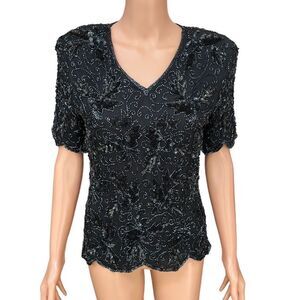 Stenay Black Silk Beads Sequins V-neck Top blouse size PL vintage